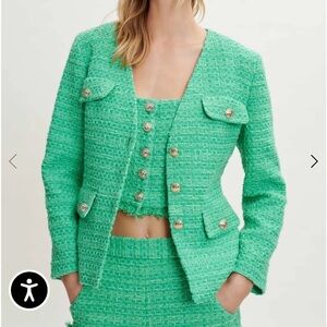 Maje Green Fitted Designer Tweed Blazer Structured Classic Design Size 38 Medium